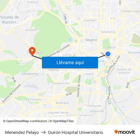 Menéndez Pelayo to Quirón Hospital Universitario map