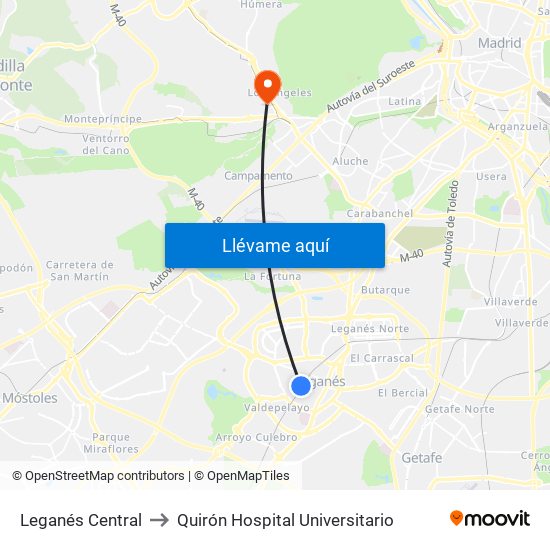 Leganés Central to Quirón Hospital Universitario map
