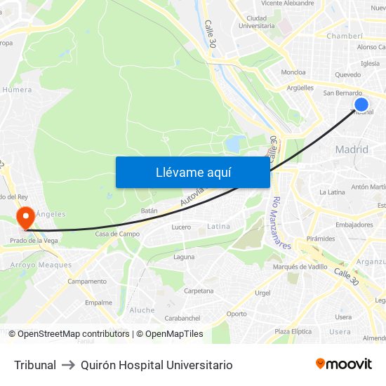 Tribunal to Quirón Hospital Universitario map