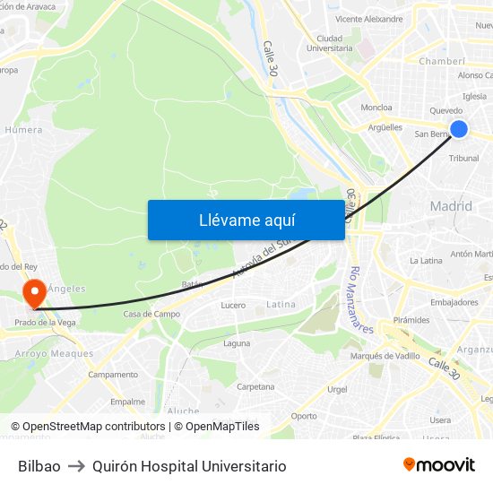 Bilbao to Quirón Hospital Universitario map