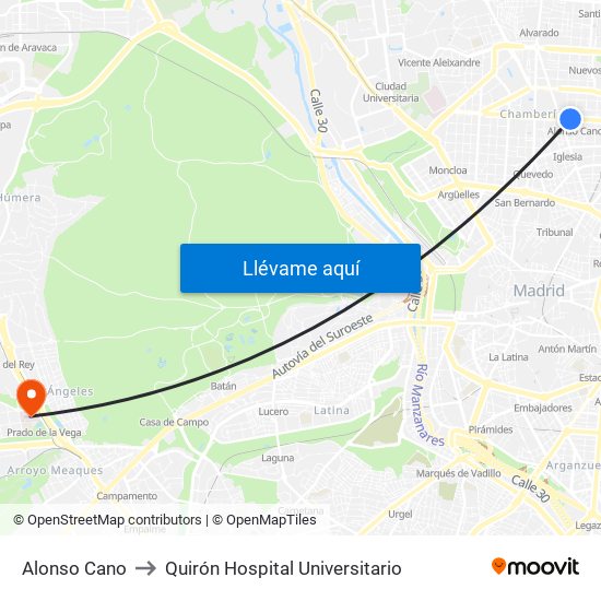 Alonso Cano to Quirón Hospital Universitario map