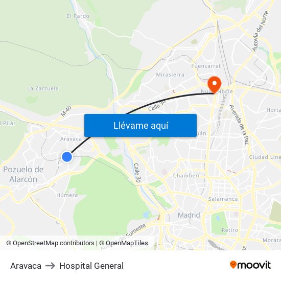 Aravaca to Hospital General map