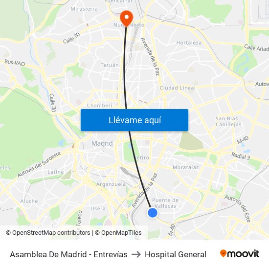 Asamblea De Madrid - Entrevías to Hospital General map