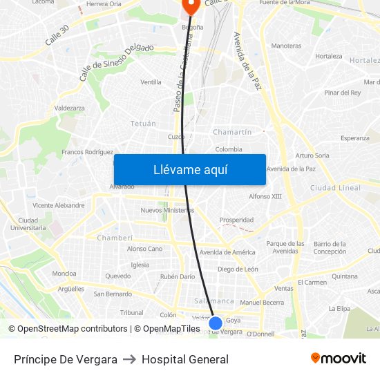 Príncipe De Vergara to Hospital General map