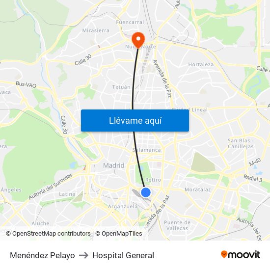 Menéndez Pelayo to Hospital General map