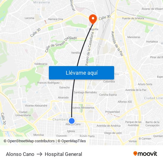 Alonso Cano to Hospital General map