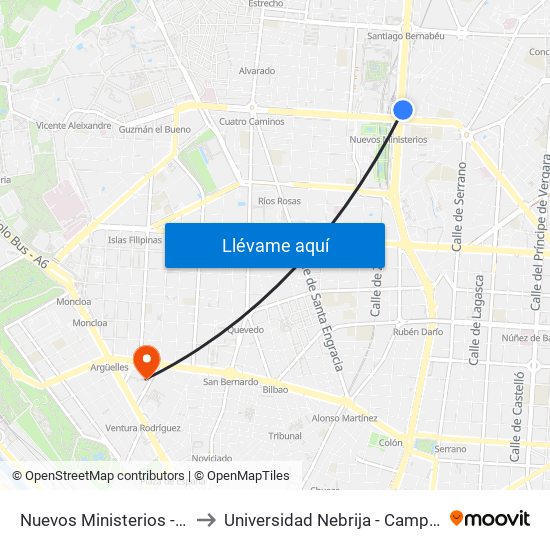 Nuevos Ministerios - Centro Comercial to Universidad Nebrija - Campus De Madrid-Princesa map