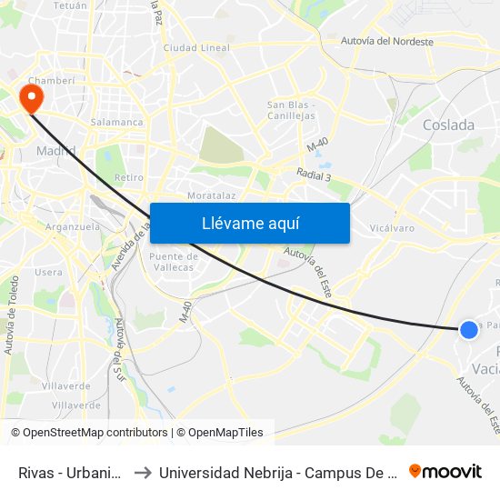 Rivas - Urbanizaciones to Universidad Nebrija - Campus De Madrid-Princesa map