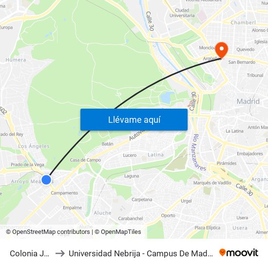 Colonia Jardín to Universidad Nebrija - Campus De Madrid-Princesa map