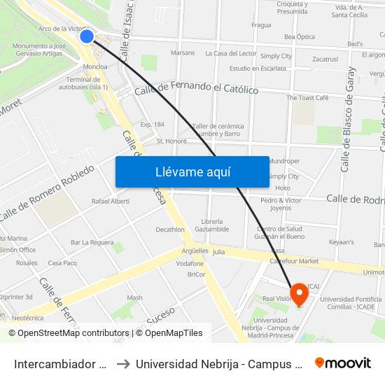 Intercambiador De Moncloa to Universidad Nebrija - Campus De Madrid-Princesa map