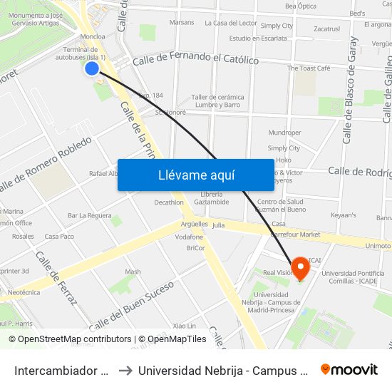 Intercambiador De Moncloa to Universidad Nebrija - Campus De Madrid-Princesa map