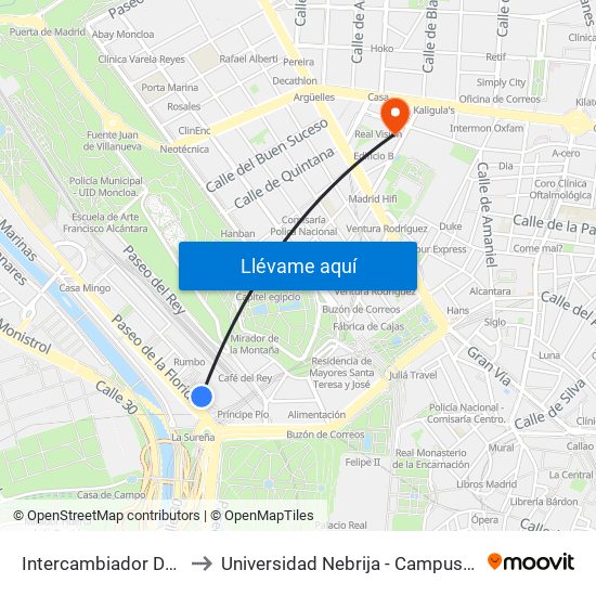 Intercambiador De Príncipe Pío to Universidad Nebrija - Campus De Madrid-Princesa map