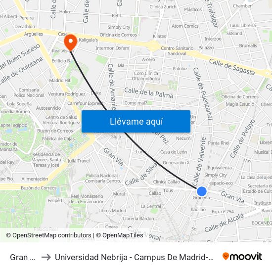 Gran Vía to Universidad Nebrija - Campus De Madrid-Princesa map