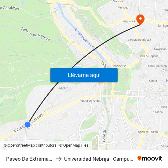 Paseo De Extremadura - El Greco to Universidad Nebrija - Campus De Madrid-Princesa map