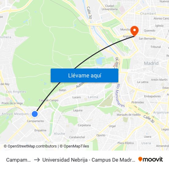 Campamento to Universidad Nebrija - Campus De Madrid-Princesa map