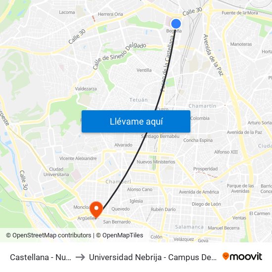 Castellana - Nudo Norte to Universidad Nebrija - Campus De Madrid-Princesa map