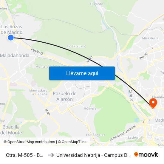 Ctra. M-505 - Burgocentro to Universidad Nebrija - Campus De Madrid-Princesa map