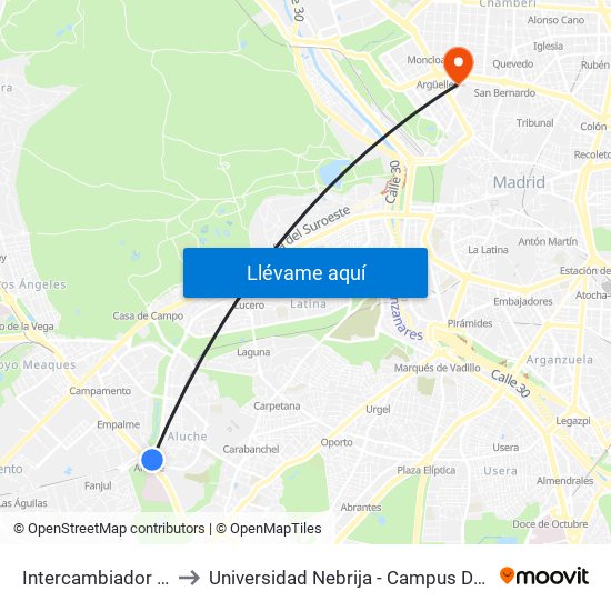 Intercambiador De Aluche to Universidad Nebrija - Campus De Madrid-Princesa map