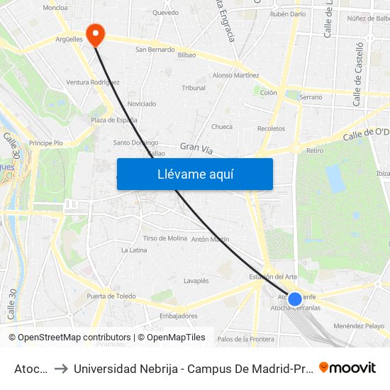 Atocha to Universidad Nebrija - Campus De Madrid-Princesa map