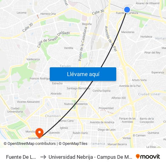 Fuente De La Mora to Universidad Nebrija - Campus De Madrid-Princesa map