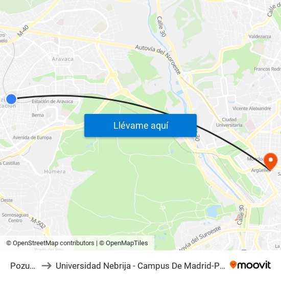 Pozuelo to Universidad Nebrija - Campus De Madrid-Princesa map