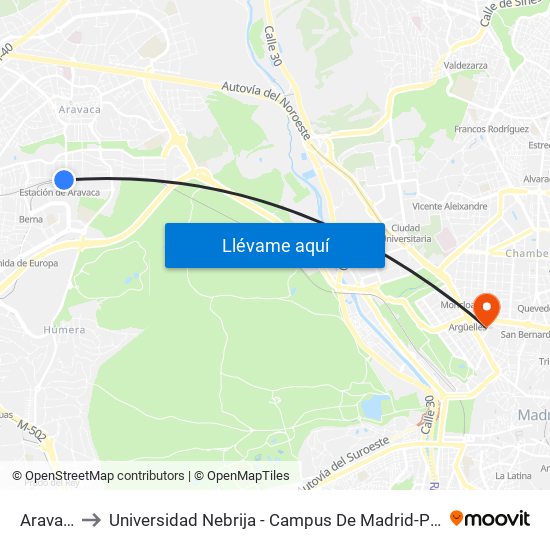 Aravaca to Universidad Nebrija - Campus De Madrid-Princesa map