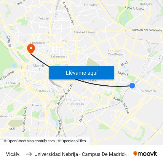 Vicálvaro to Universidad Nebrija - Campus De Madrid-Princesa map