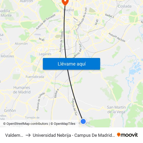 Valdemoro to Universidad Nebrija - Campus De Madrid-Princesa map