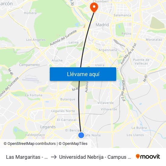 Las Margaritas - Universidad to Universidad Nebrija - Campus De Madrid-Princesa map