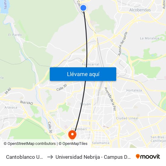 Cantoblanco Universidad to Universidad Nebrija - Campus De Madrid-Princesa map