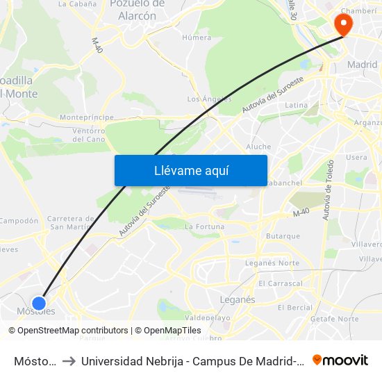 Móstoles to Universidad Nebrija - Campus De Madrid-Princesa map