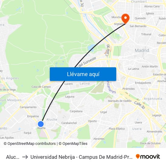 Aluche to Universidad Nebrija - Campus De Madrid-Princesa map