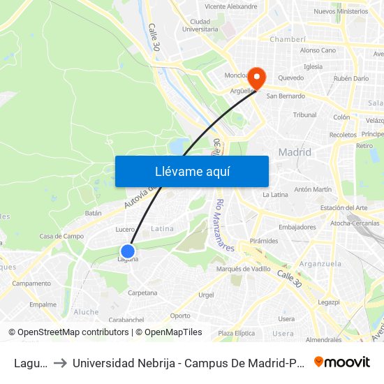 Laguna to Universidad Nebrija - Campus De Madrid-Princesa map