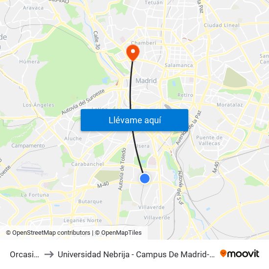 Orcasitas to Universidad Nebrija - Campus De Madrid-Princesa map