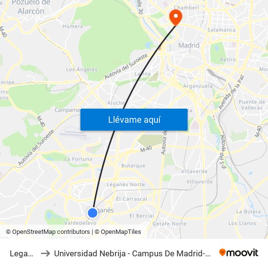 Leganés to Universidad Nebrija - Campus De Madrid-Princesa map