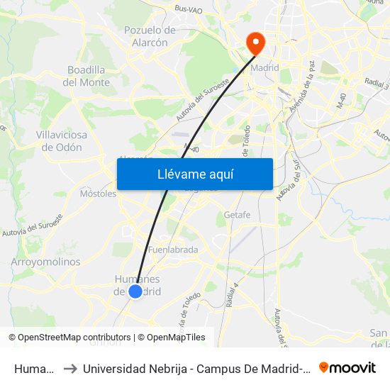 Humanes to Universidad Nebrija - Campus De Madrid-Princesa map