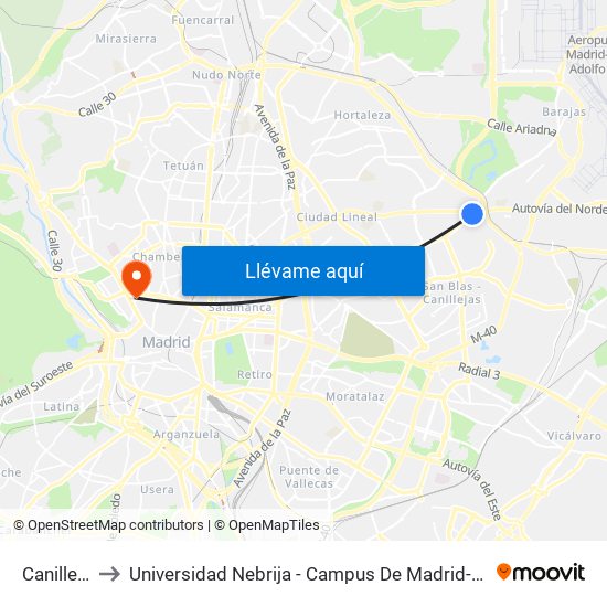 Canillejas to Universidad Nebrija - Campus De Madrid-Princesa map