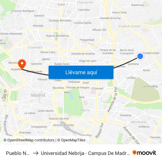 Pueblo Nuevo to Universidad Nebrija - Campus De Madrid-Princesa map