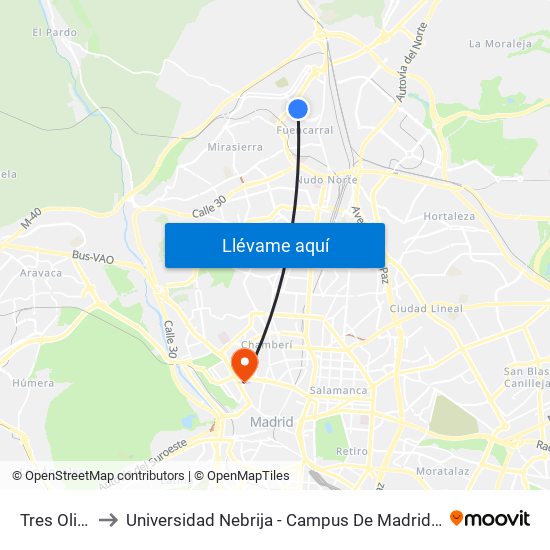 Tres Olivos to Universidad Nebrija - Campus De Madrid-Princesa map