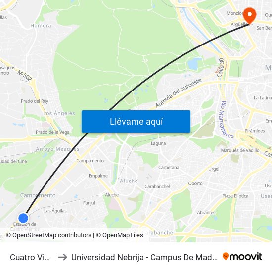Cuatro Vientos to Universidad Nebrija - Campus De Madrid-Princesa map