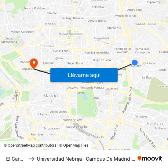 El Carmen to Universidad Nebrija - Campus De Madrid-Princesa map