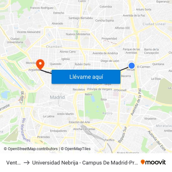 Ventas to Universidad Nebrija - Campus De Madrid-Princesa map