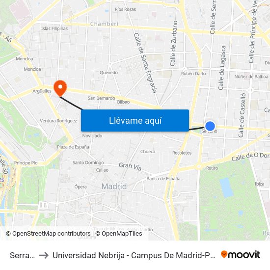 Serrano to Universidad Nebrija - Campus De Madrid-Princesa map