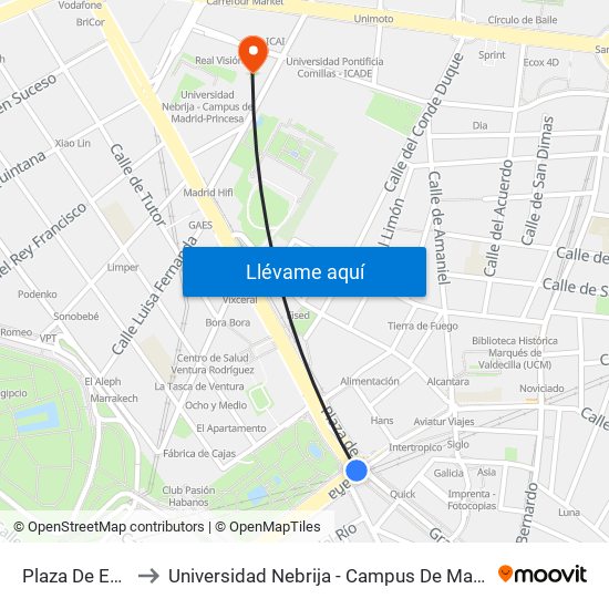 Plaza De España to Universidad Nebrija - Campus De Madrid-Princesa map