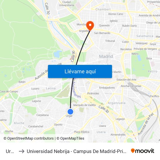 Urgel to Universidad Nebrija - Campus De Madrid-Princesa map
