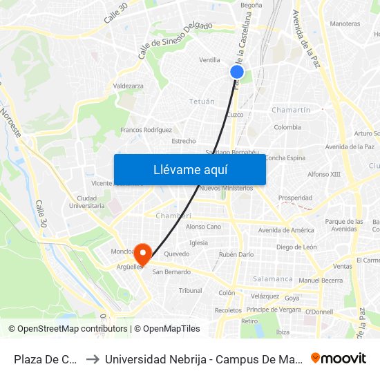Plaza De Castilla to Universidad Nebrija - Campus De Madrid-Princesa map