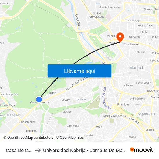 Casa De Campo to Universidad Nebrija - Campus De Madrid-Princesa map