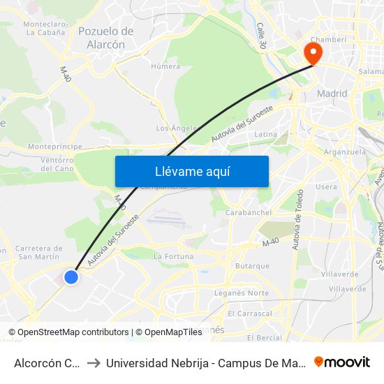 Alcorcón Central to Universidad Nebrija - Campus De Madrid-Princesa map