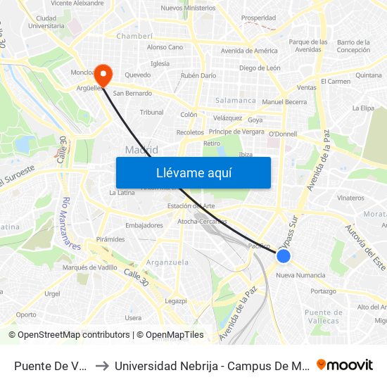 Puente De Vallecas to Universidad Nebrija - Campus De Madrid-Princesa map