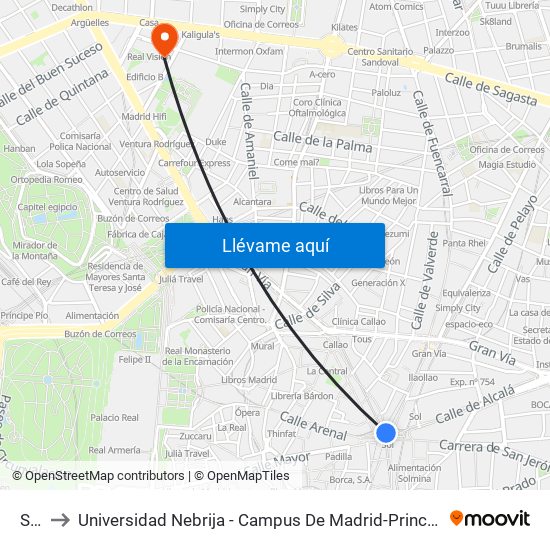 Sol to Universidad Nebrija - Campus De Madrid-Princesa map